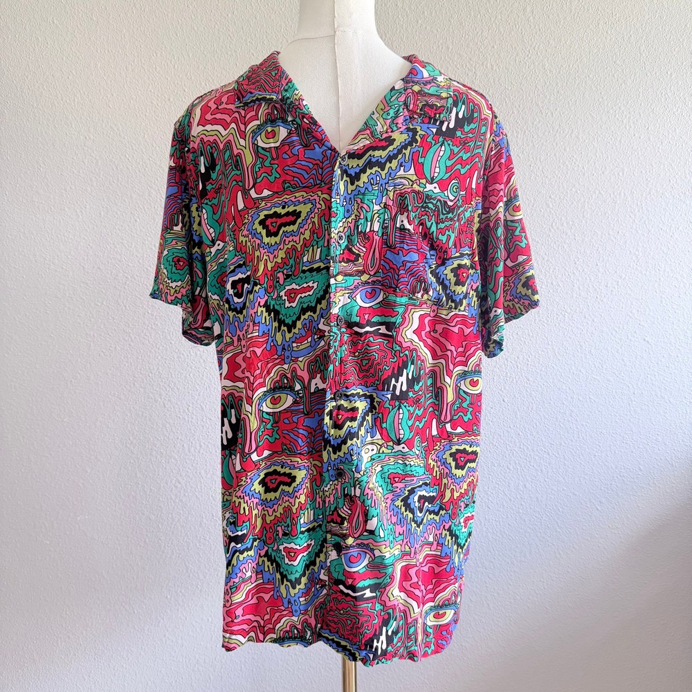 Massive Mens Psychedelic Pop Art Shirt Multicolor Retro 90s Acid Trip Rayon Med